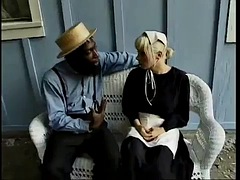 Black and white dudes pound Zoe Maes Amish pussy on the couch