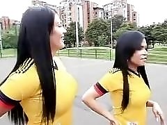 Busty gorgeous Colombian trannies have a threesome with a BBC