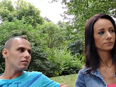 HUNT4K. Outdoor sex with hunter ends for tanned brunettes with cumshots