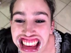 French maid tries to drink her own piss through lip retractor  funny fail