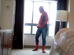 spiderman strips and cums on hotel window