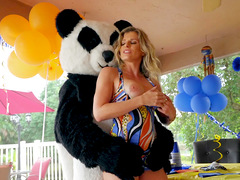 Energized mom sure loves fucking with the young dude in Panda costume